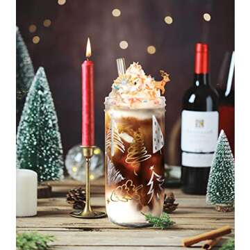 ANOTION Christmas Cups, Colored Christmas Mugs Unique Teachers Gifts White Elephant Gifts for Adults Mason Jars Glass Cups with Lid and Straw Tumbler Drinking Glasses Coffee Cups Gifts for Women