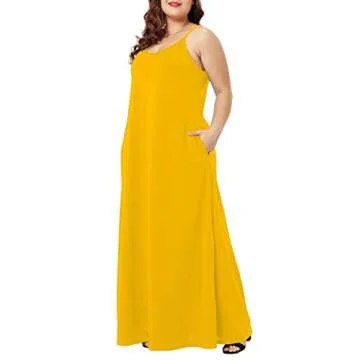 Wolddress Womens Casual Sleeveless Plus Size Loose Plain Long Maxi Dress with Pocket Yellow S