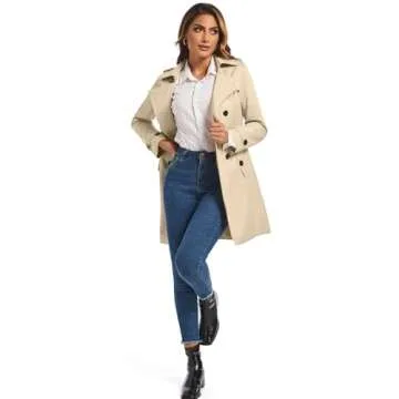 FARVALUE Women's Double Breasted Trench Coat Water Resistant Windbreaker Classic Belted Lapel Overcoat Khaki Medium