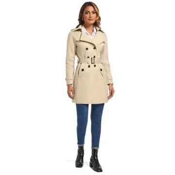 FARVALUE Women's Double Breasted Trench Coat Water Resistant Windbreaker Classic Belted Lapel Overcoat Khaki Medium