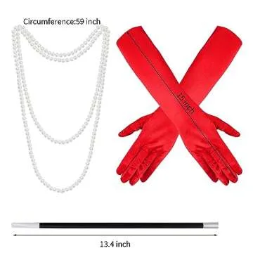 4 Pack Women Halloween Dalmatian Costume, Black White Dalmatian Shawl Scarf Stole, 1920s Red Glove, Faux Pearls Necklace for Adult