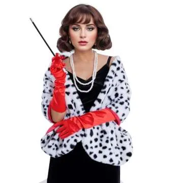 4 Pack Women Halloween Dalmatian Costume, Black White Dalmatian Shawl Scarf Stole, 1920s Red Glove, Faux Pearls Necklace for Adult