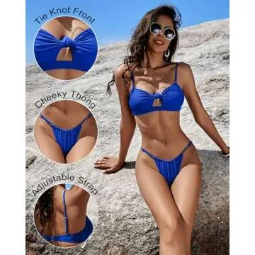 Honlyps Womens Brazilian Thong Sexy Bikini Sets Cheeky 2 Piece High Cut Swimsuit Bottoms Strapless Bandeau Bathing Suit Tops Blue