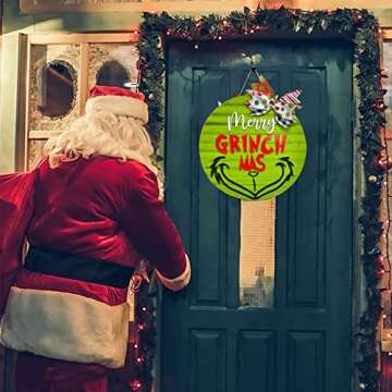 Christmas Grinc-h Wreath, 11.8in Wooden Xmas Front Door Welcome Sign, 3D Farmhouse Porch Holiday Han...