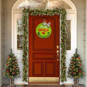 Christmas Grinc-h Wreath, 11.8in Wooden Xmas Front Door Welcome Sign, 3D Farmhouse Porch Holiday Hanging Sign Ornaments for Xmas Themed Party Decor (F)