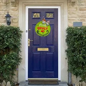 Christmas Grinc-h Wreath, 11.8in Wooden Xmas Front Door Welcome Sign, 3D Farmhouse Porch Holiday Hanging Sign Ornaments for Xmas Themed Party Decor (F)