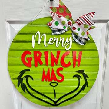 Christmas Grinc-h Wreath, 11.8in Wooden Xmas Front Door Welcome Sign, 3D Farmhouse Porch Holiday Hanging Sign Ornaments for Xmas Themed Party Decor (F)