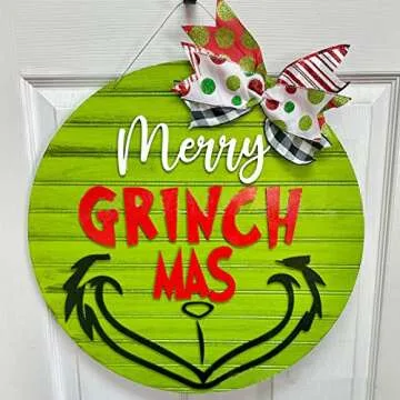 Christmas Grinc-h Wreath, 11.8in Wooden Xmas Front Door Welcome Sign, 3D Farmhouse Porch Holiday Hanging Sign Ornaments for Xmas Themed Party Decor (F)