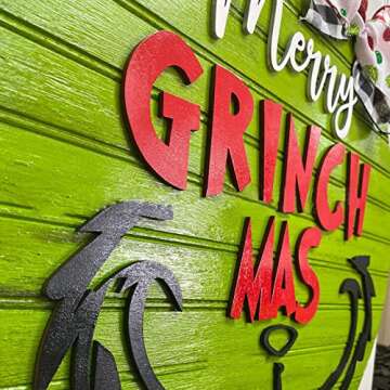 Christmas Grinc-h Wreath, 11.8in Wooden Xmas Front Door Welcome Sign, 3D Farmhouse Porch Holiday Hanging Sign Ornaments for Xmas Themed Party Decor (F)