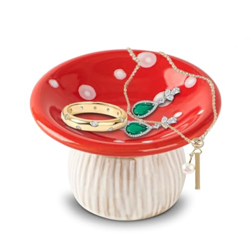 dgudgu Mushroom Ring Holder Jewelry Tray Red Ring Dish Ceramic Trinket Storage Jar Mini Engagement Ring Holder