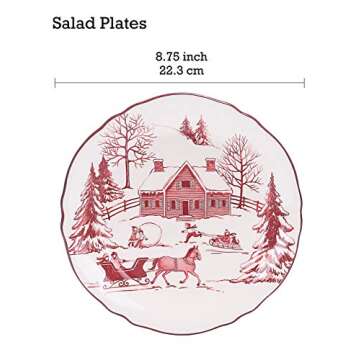 Bico Toile De Jouy Winter Wonderland Ceramic 8.75 inch Scalloped Salad Plates, Set of 4, for Salad, Appetizer, Microwave & Dishwasher Safe