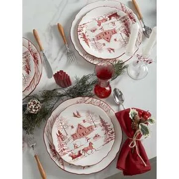 Bico Toile De Jouy Winter Wonderland Ceramic 8.75 inch Scalloped Salad Plates, Set of 4, for Salad, Appetizer, Microwave & Dishwasher Safe