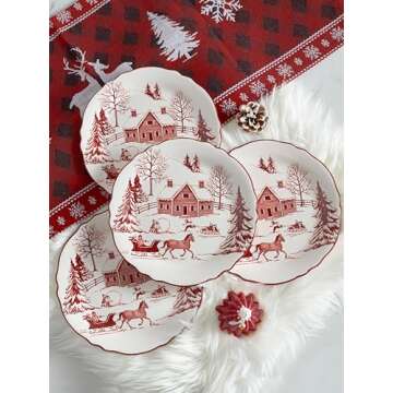 Bico Toile De Jouy Winter Wonderland Ceramic 8.75 inch Scalloped Salad Plates, Set of 4, for Salad, Appetizer, Microwave & Dishwasher Safe