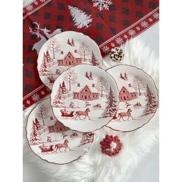 Bico Toile De Jouy Winter Wonderland Ceramic 8.75 inch Scalloped Salad Plates, Set of 4, for Salad, Appetizer, Microwave & Dishwasher Safe