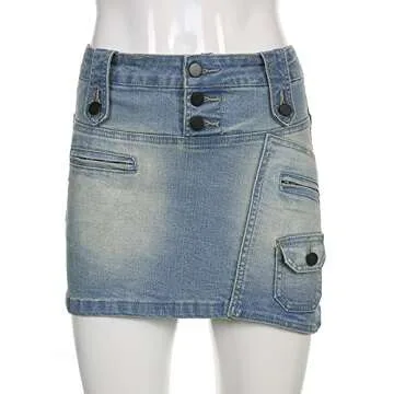 Retro Style Denim Skirt Hot Girl Low Waist Skirt Irregular Zipper Stitching Bag Hip Skirt Street Pun...