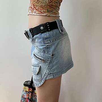 Retro Style Denim Skirt Hot Girl Low Waist Skirt Irregular Zipper Stitching Bag Hip Skirt Street Punk Mini Skirt (S,Small)