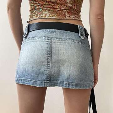Retro Style Denim Skirt Hot Girl Low Waist Skirt Irregular Zipper Stitching Bag Hip Skirt Street Punk Mini Skirt (S,Small)