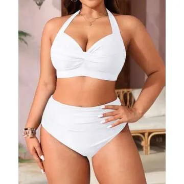 Tempt Me Women's Vintage Swimsuits Pure White Retro Halter Ruched High Waist Bikini with Bottom M