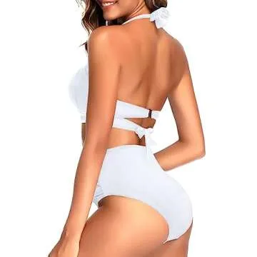 Tempt Me Women's Vintage Swimsuits Pure White Retro Halter Ruched High Waist Bikini with Bottom M