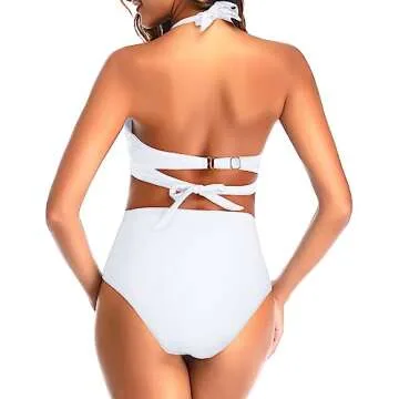 Tempt Me Women's Vintage Swimsuits Pure White Retro Halter Ruched High Waist Bikini with Bottom M