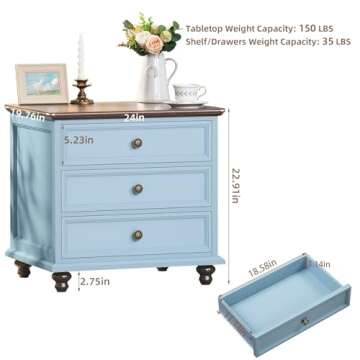 Joaxswe 24" Wide Farmhouse Night Stand Set of 2,Large End Table with 3 Drawers & Metal Handle,Light Blue Dresser for Bedroom Cabinet,Bed Side Table Chest of Drawers,Wood Nightstand for Living Room