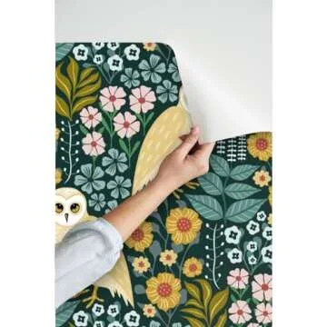 Woodland Owls Floral Peel & Stick Wallpaper - Spoonflower