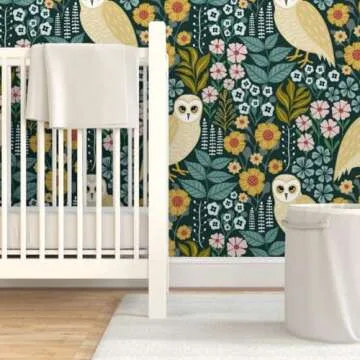 Woodland Owls Floral Peel & Stick Wallpaper - Spoonflower