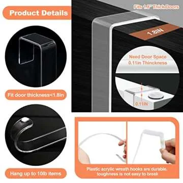 12" Clear Wreath Hanger - 2 Pack Non-Scratch Over Door Hooks