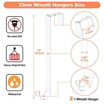 12" Clear Wreath Hanger - 2 Pack Non-Scratch Over Door Hooks