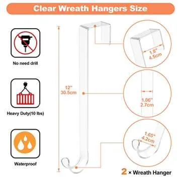 12" Clear Wreath Hanger - 2 Pack Non-Scratch Over Door Hooks