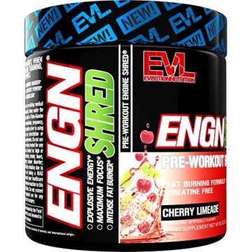 EVL Ultimate Pre Workout Powder - Thermogenic Fat Burner Preworkout Powder Drink for Lasting Energy Focus and Stamina - ENGN Shred Intense Fat Burning Creatine Free Preworkout Drink - Cherry Limeade
