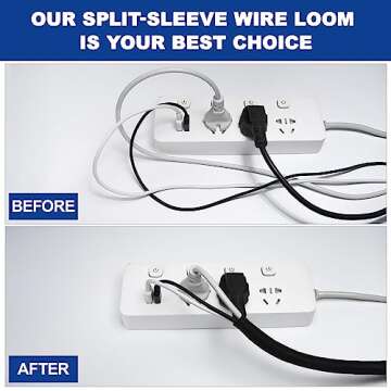 Split-Sleeve Wire Loom for High-Temperature Automotive Harness and Home Cable Management, 25ft - 1/2 inch Braided Cable Management Sleeve Cord Protector, Self-Wrapping Split Wire Loom