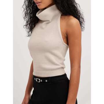Langwyqu Womens Turtleneck Sweater Vests Sleeveless Knit Halter Tank Tops Sexy Loose Cami Shirts Khaki