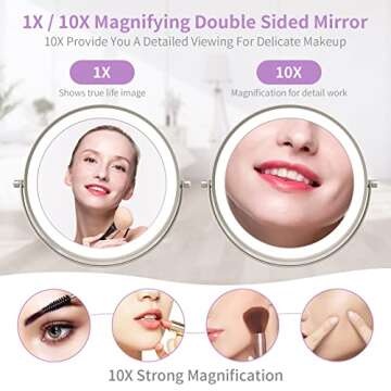 LOMRECS Vanity Mirror with Lights, 1X/10X Magnifying Makeup 8 Inch Rechargeable Double Sided Lighted Mirror, Dimmable Led 3 Color Lighting Modes