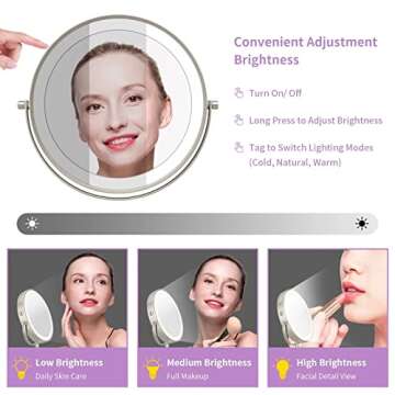 LOMRECS Vanity Mirror with Lights, 1X/10X Magnifying Makeup 8 Inch Rechargeable Double Sided Lighted Mirror, Dimmable Led 3 Color Lighting Modes