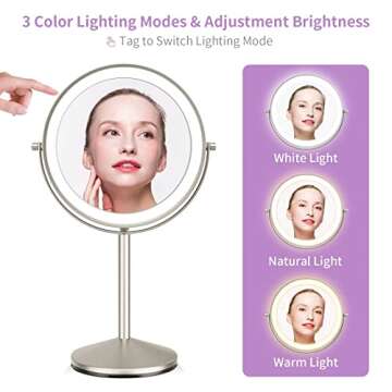 LOMRECS Vanity Mirror with Lights, 1X/10X Magnifying Makeup 8 Inch Rechargeable Double Sided Lighted Mirror, Dimmable Led 3 Color Lighting Modes