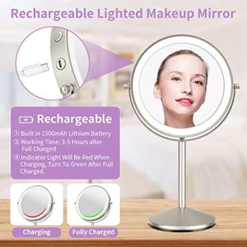 LOMRECS Vanity Mirror with Lights, 1X/10X Magnifying Makeup 8 Inch Rechargeable Double Sided Lighted Mirror, Dimmable Led 3 Color Lighting Modes