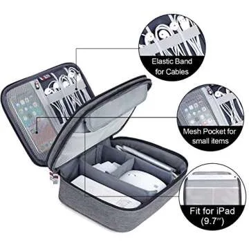 BUBM Electronic Organizer, Double Layer Travel Accessories Storage Bag for Cord, Adapter, Battery, Camera and More-a Sleeve Pouch for iPad or up to 9.7" Tablet(Large, Denim Gray)