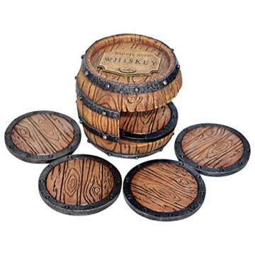 Pine Ridge Whiskey Bourbon Barrel Coaster Set - 5 Rustic Pieces for Bar Decorations for Home, Coaste...