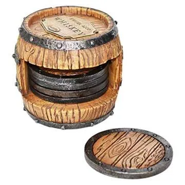 Pine Ridge Whiskey Bourbon Barrel Coaster Set - 5 Rustic Pieces for Bar Decorations for Home, Coasters for Men, Ideal Bar Coasters for Whiskey and Bourbon Drinkers, Man Cave Essentials