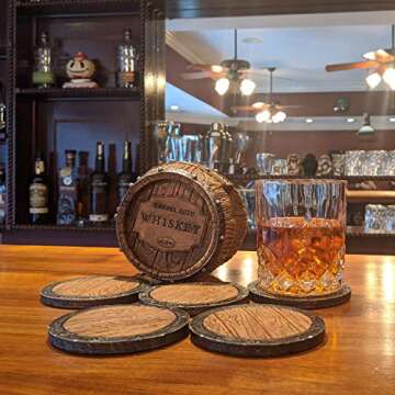 Pine Ridge Whiskey Bourbon Barrel Coaster Set - 5 Rustic Pieces for Bar Decorations for Home, Coasters for Men, Ideal Bar Coasters for Whiskey and Bourbon Drinkers, Man Cave Essentials