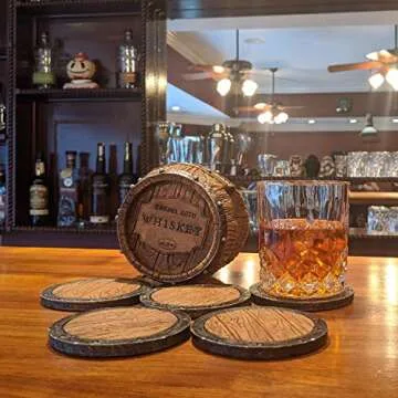 Pine Ridge Whiskey Bourbon Barrel Coaster Set - 5 Rustic Pieces for Bar Decorations for Home, Coasters for Men, Ideal Bar Coasters for Whiskey and Bourbon Drinkers, Man Cave Essentials