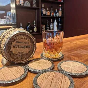 Pine Ridge Whiskey Bourbon Barrel Coaster Set - 5 Rustic Pieces for Bar Decorations for Home, Coasters for Men, Ideal Bar Coasters for Whiskey and Bourbon Drinkers, Man Cave Essentials