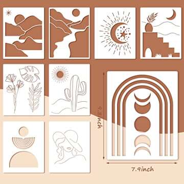 9PCS Sun Moon Painting Stencils, 8x10 Inch Abstract Boho Templates Mountain Landscape Drawing Stencils Minimalist Sunrise Themes Women Stencils for Painting on Canvas Home Decoration