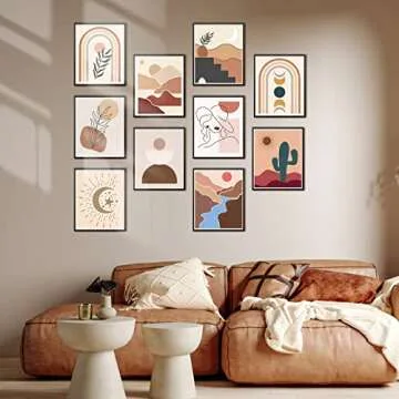 9PCS Sun Moon Painting Stencils, 8x10 Inch Abstract Boho Templates Mountain Landscape Drawing Stencils Minimalist Sunrise Themes Women Stencils for Painting on Canvas Home Decoration