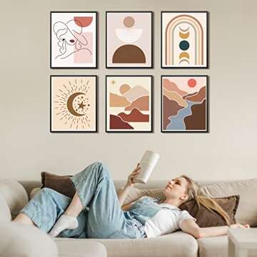 9PCS Sun Moon Painting Stencils, 8x10 Inch Abstract Boho Templates Mountain Landscape Drawing Stencils Minimalist Sunrise Themes Women Stencils for Painting on Canvas Home Decoration