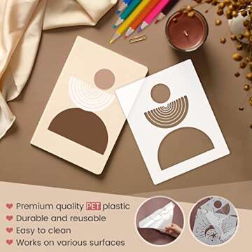 9PCS Sun Moon Painting Stencils, 8x10 Inch Abstract Boho Templates Mountain Landscape Drawing Stencils Minimalist Sunrise Themes Women Stencils for Painting on Canvas Home Decoration