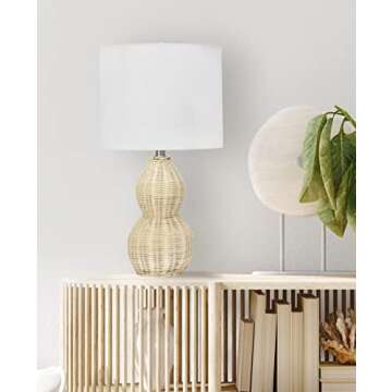 Creative Co-Op Boho Sculptural Woven Rattan Table Lamp with White Linen Shade, Natural