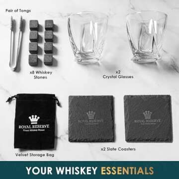 Royal Reserve Whiskey Glasses Set of 2 with Whiskey Stones & Coasters – Whiskey Set Gifts for Men – Whiskey Gift for Men Dad Boss Boyfriend on Retirement, Anniversary & Birthday