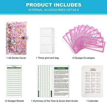 A6 Glitter Budget Binder with 12 Printed Budget Envelopes & Expense Budget Sheets Calendar, Planner/Money Organizer for Cash, Cash Envelopes for Budgeting and Saving Money